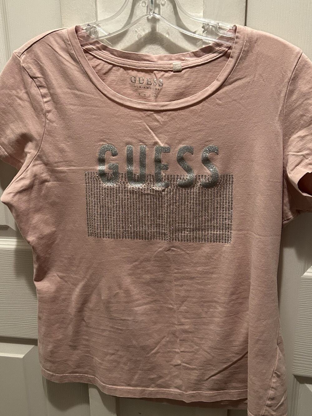 GUESS Pink Sequin Logo T-Shirt Teens Size XL Cotton Short Sleeve